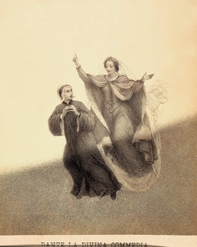 Beatriz, apontando para cima com o dedo indicador, conduz Dante através do firmamento do Paraíso. Os seus corpos são iluminados por um raio de luz. Ilustração do Canto I do Paradiso de A Divina Comédia de Dante Alighieri. Obra de Franceso Scaramuzza dedica de Unbekannter Künstler
