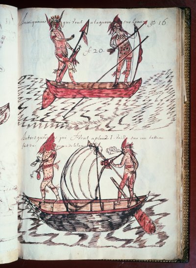 Barcos de índios, página do Codex Canadensis (1664-1675), manuscrito em pergaminho de Louis Nicolas, França de William M. Timlin