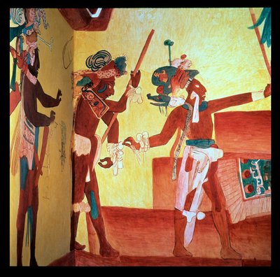 Senhores Bonampak em trajes de penas dançam em comemoração após uma vitória militar, Maya c.800 (fresco) de Unbekannter Künstler