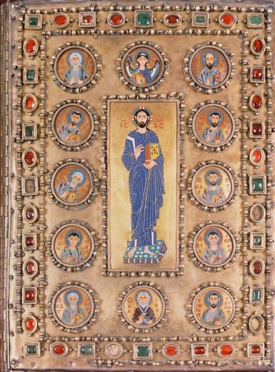 Capa de livro retratando a Bênção de Cristo, com rodelas retratando santos de Unbekannt
