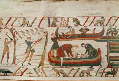 Construção de navios sob as ordens do Duke William, Bayeux Tapestry (bordado de lã em linho) de Unbekannt