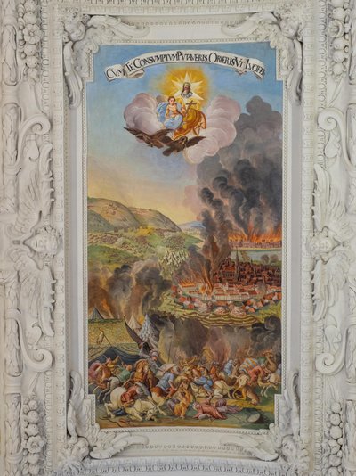 Afresco de tecto no corredor lateral da Igreja de Santa Catarina, Desmantelamento de Viena em 1683, Mausoléu dos Habsburgos, Graz, Estíria, Áustria, Europa (foto) de Unbekannter Künstler