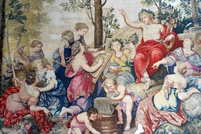 Chateau de Fontainebleau: detalhe, drapeado tecido para Luís XIV na fábrica de Gobelins de 1687, após as grandes pinturas de Pierre Mignard no Chateau de Saint Cloud para Monsieur Philippe Duc d