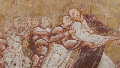 Igreja (Église Saint-Martin). Interior. Quadros de parede (fresco). Parede norte do coro. Pormenor. Prisão de Cristo. Século XII. de Unbekannt