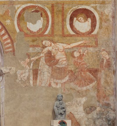 Igreja (Église Saint-Martin). Interior. Quadros de parede (fresco). Parede oeste da nave. Pormenor. Descida da cruz. Século XII. de Unbekannt