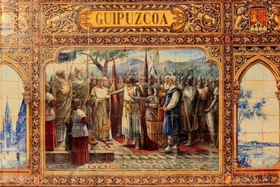 Cidade de Sevilha, na Plaza de Espana, ornamentos feitos de azulejos (cerâmica) de Unbekannter Künstler