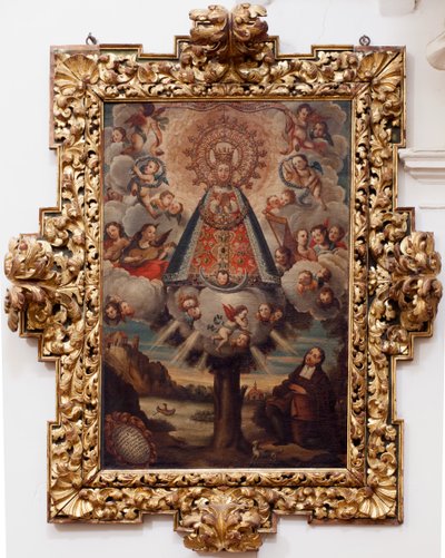Igreja colegial. Interior. Pintura. (Nossa Senhora da Esperança). Texto em um medalhão: "RETRA TOD LA MIL CROSA Imajen DNUESTRA S DL Esperanza A Parecida A Fernando de ZILLLa Faña iezi rodela Villa Riue mde el Tajo ter mi?to esta villa". Assinado ? e de Unbekannt