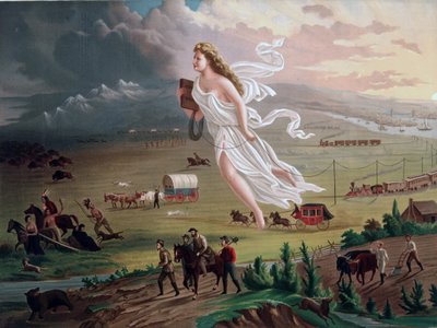 Conceito de Destino Manifesto: Figura feminina alegórica transportando um fio de telégrafo elétrico, conduz os pioneiros americanos e os caminhos-de-ferro para oeste, com os índios americanos nativos e os búfalos e ursos a recuarem diante deles. Cromolitog de Unbekannter Künstler