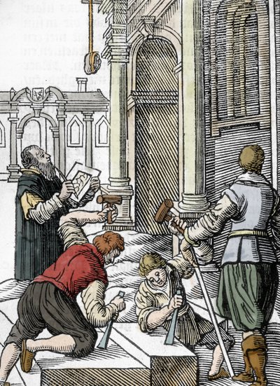 Construção de uma catedral, cortadores de pedra no século XIII-XIV (gravura) de Unbekannter Künstler