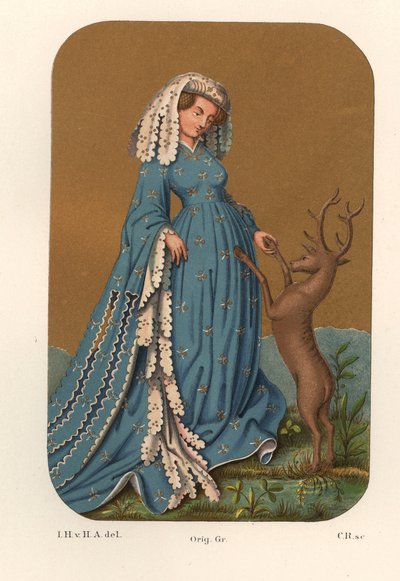 Traje de uma senhora nobre do início do século XV, com um toucado comprido e um vestido de mangas compridas, brincando com um veado - De uma carta de jogo da Biblioteca Real de Estugarda (Alemanha) - Cromolitografia, desenho de Jakob Heinrich von de Unbekannter Künstler