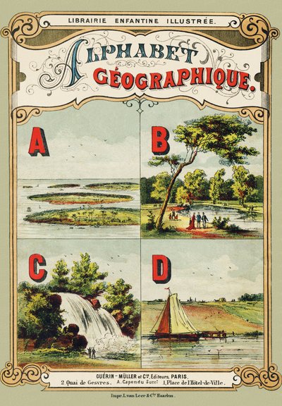 Capa: A: arquipélago, B: Bois de Boulogne, C: cascata, D: dique - Gravura tirada do alfabeto geográfico. Guerin-Muller et Cie, editeurs, Paris de Unbekannt