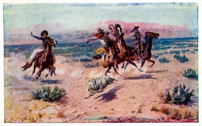 Cowboys a cavalo a laçar um lobo de Unbekannter Künstler