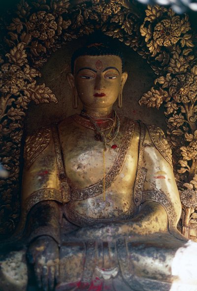Cripta com estátua de Buda, Swayambhunath (Templo do Macaco), Vale de Kathmandu (Lista do Patrimônio Mundial da Unesco) de William M. Timlin