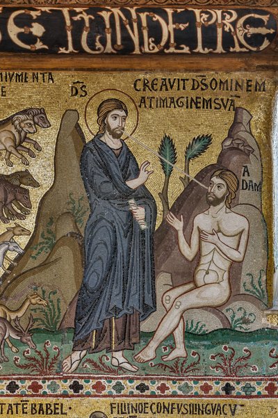Ciclo de mosaicos do Antigo Testamento, ciclo da Criação: "A Criação de Adão", século XII, Capela Palatina, Palácio Real ou Palazzo dei Normanni (Palácio dos Normandos), Palermo, Sicília, Itália (foto) de Unbekannter Künstler