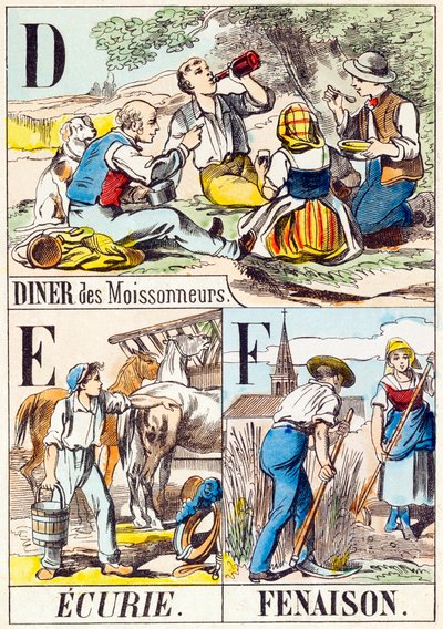 D E F : Diner des moissonneurs, Ecurie, Fenaison - "Alfabeto da fazenda" final do século XIX (gravura) de Unbekannt