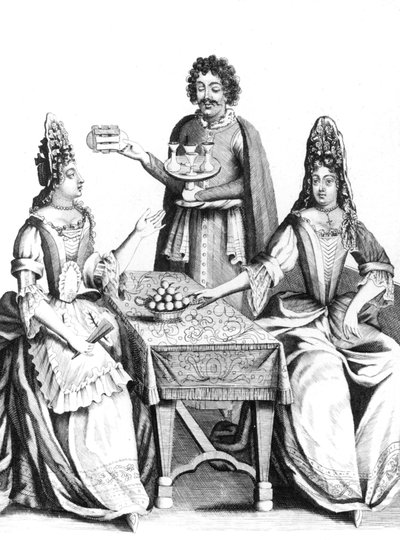 Dames prenant des rafraichissements au 17e siecle (apres 1670) - mulheres tomando um refresco no século XVII - mode fashion coiffe headgear hairstyle eventail fan cafe bar France de Unbekannter Künstler