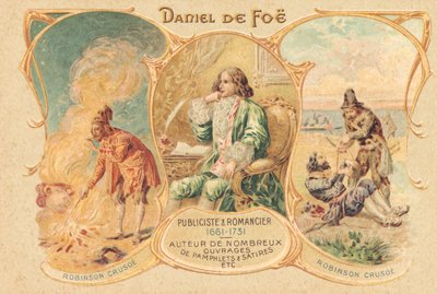 Daniel Defoe na sua secretária e a sua famosa obra (gravura) de Unbekannter Künstler