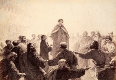 Dante e Beatriz estão rodeados pelos espíritos dos Sábios que cantam e dançam à sua volta. Ilustração do Canto XIV do Paradiso de A Divina Comédia de Dante Alighieri. Obra de Franceso Scaramuzza dedicada ao Município de Florença. de Unbekannter Künstler