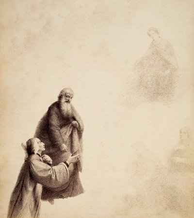 Dante, assistido por S. Bernardo, vê Beatriz sentada num trono no meio dos bem-aventurados, numa auréola de luz. Ilustração do Canto XXXI do Paradiso da Divina Comédia de Dante Alighieri. Obra de Francesco Scaramuzza dedicada ao Município de Florença. de Unbekannter Künstler