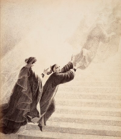 Dante, impelido por um simples sinal de Beatriz, sobe a escada dourada atrás dos espíritos bem-aventurados. Ilustração do Canto XVII do Paradiso de A Divina Comédia de Dante Alighieri. Obra de Francesco Scaramuzza dedicada ao Município de Florença. de Unbekannter Künstler