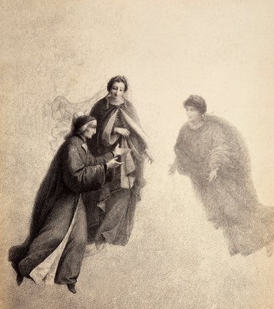 Dante, incitado por Beatriz, fala com um espírito piedoso. Ilustração do Canto V do Paradiso de A Divina Comédia de Dante Alighieri. Obra de Franceso Scaramuzza dedicada ao Município de Florença. de Unbekannter Künstler