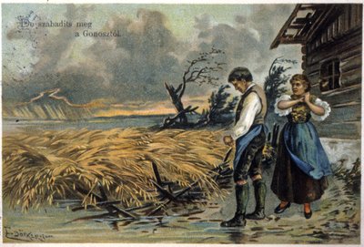 Livrai-nos do mal. Camponeses depois da tempestade. c.1900 (ilustração) de Unbekannter Künstler