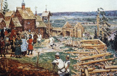 Representação da Construção do Kremlin de Moscovo fora dos troncos sob o reinado de Yuri Dolgoruky no século XII. de Unbekannter Künstler