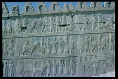 Detalhe do friso em relevo na escadaria leste da Apadana (sala de audiências) retratando delegados das terras do império com presentes generosos para uma cerimônia, período Aquemeniano, c.515 a.C. (pedra calcária) (para detalhes ver 112356 & 117115) de Unbekannt