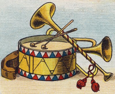 Tambor e Trompete. Gravação em "Alfabeto de ma petite fille". Bernardin-Bechet e Fils, livreiros-editores, Paris, por volta de 1895. Álbum inquebrável em lona. Bibliotheque des Bebes. 12 páginas. Álbum contendo um método de leitura e um abeceda ilustrativo de Unbekannt