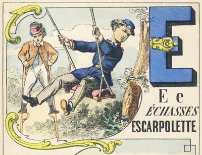 E: palafitas, escarpolette - Alfabeto dos Jogos, c.1890 (ilustração) de Unbekannt