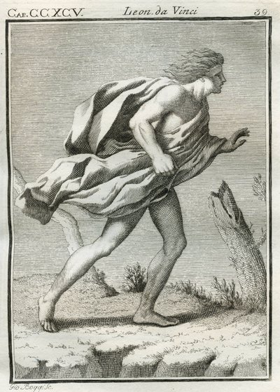 Etude de um homem caminhando contra o vento, suas roupas e cabelos desgrenhados pelas rajadas e seu corpo desequilibrado para frente. Gravura de "Treat of Painting" de Leonardo da Vinci (Leonard de Vinci) (1452-1519). "Tratado de Pintura de Liona de Unbekannt