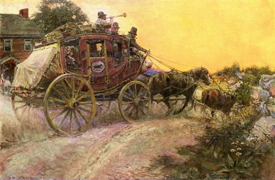 Diligência nocturna que chega a uma aldeia transportando correio e passageiros no início do século XIX. Reprodução de uma pintura de S.M. Arthurs. de Unbekannter Künstler