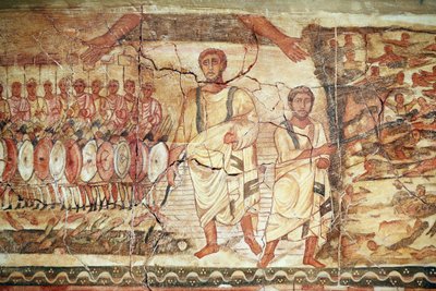 Êxodo e travessia do Mar Vermelho, afresco da Sinagoga Dura Europos, 244-245, no Museu Nacional de Damasco. Foto tirada no Museu Judaico em Nova Iorque durante uma exposição. de Unbekannt