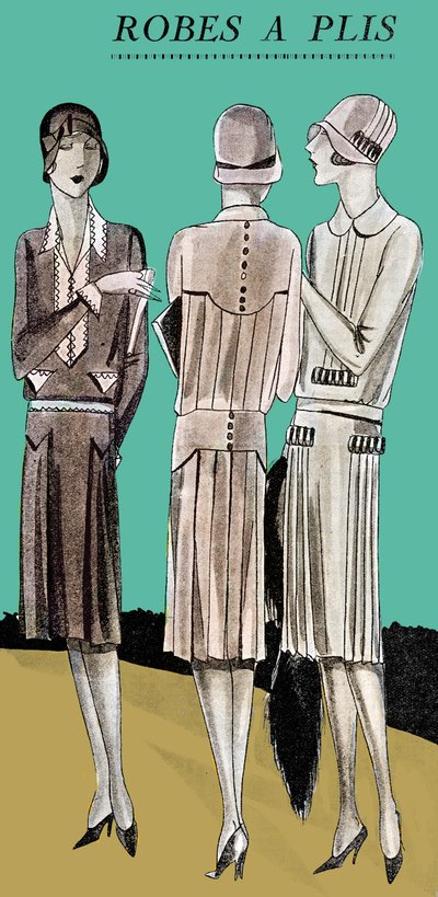 Moda: vestidos de dia com pregas na primavera de 1928 de Unbekannter Künstler