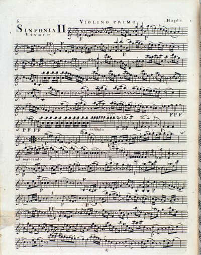 Primeira página da partitura para violino na Sinfonia nº 2 de J Haydn de Unbekannter Künstler