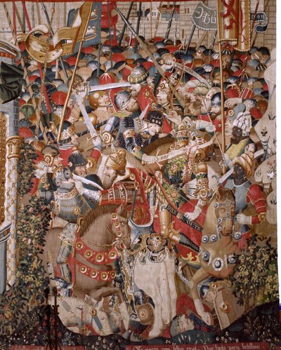 Tapeçaria flamenga. Série "A Guerra de Tróia". A Morte de Aquiles (Muerte de Aquiles). Oitava tapeçaria da série. Modelo Coëtivy Master (Henry ou Conrard de Vulcop). Oficinas de fabricação de Tournai. Ca 1470. Lã e seda de tecido, 6/7 urdiduras por cm. Tam de Unbekannt
