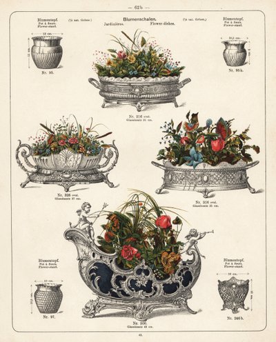 Estantes para flores, pratos para flores, vasos e jardineiras. Litografia de um catálogo de produtos metálicos fabricados pela Wuerttemberg Metalware Factory, Geislingen, Alemanha de Unbekannter Künstler