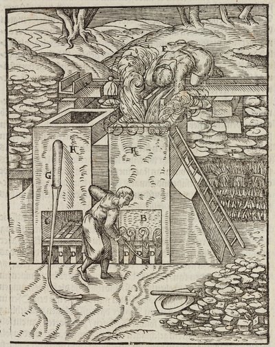 Forno para aquecimento de minério de ouro - Gravura de Description des minerais et des principales methodes d