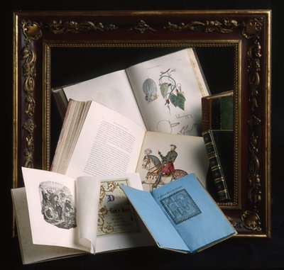 Moldura em cor burgundy de madeira lacada e decorações com motivos em relevo dourado, finais do século XIX. Vários livros abertos: atlas anatómico com tábuas coloridas à mão. de Unbekannt