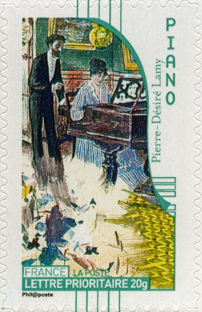 Selo postal francês mostrando uma pianista, de uma pintura da artista francesa Pierre-Désiré Lamy - de Unbekannt