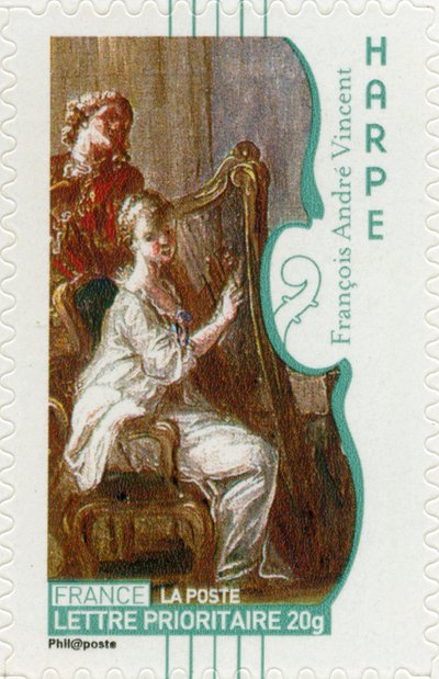 Selo postal francês mostrando uma mulher tocando harpa, de um quadro do artista francês François-André Vincent - de Unbekannt