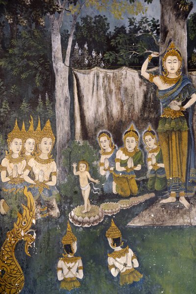 Fresco retratando uma cena da vida do Buda em Wat Phra Doi Suthep, Chiang Mai. Tailândia. Buda quando criança. de Unbekannt