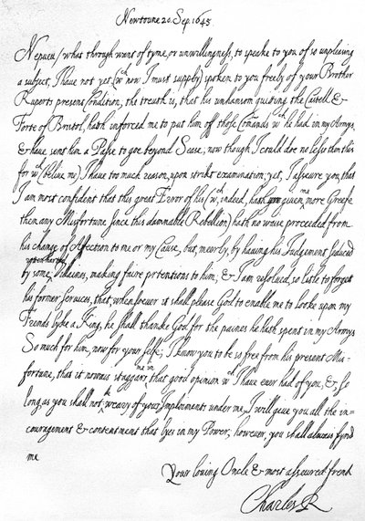 Carta amigável de Carlos I ao seu sobrinho, Príncipe Maurice, escrita em Newtown, Powys, Gales, 20 de Setembro de Unbekannt