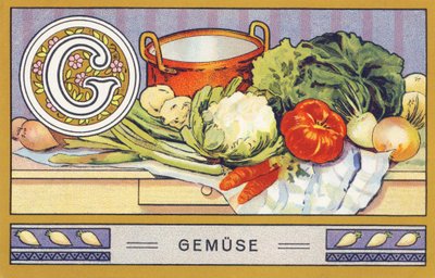 G: Gemuse - Alfabeto Palmin. Série de cromolitógrafos publicada por H. Schlinck & Cie, Hamburg, n.d. . Anúncio para Palmin feinstes Cocosfett. Tamanho : 7 x 11 cm de William M. Timlin