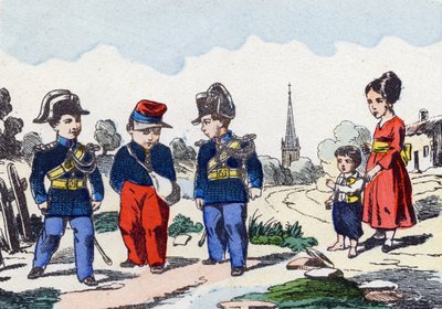 Gendarmes. Gravura em "Alfabeto militante enfantin". Imagem de Pont-a-Mousson, por volta de 1890. 20 páginas. Dimensões: 28,5x21cm. de Unbekannt