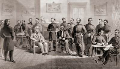 O General Ulysses S. Grant (centro sentado à direita) e o General Robert E. Lee (centro sentado à esquerda) com o seu respectivo pessoal no Appomattox Courthouse, Virgínia, onde o General Lee entregou o Exército da Virgínia do Norte e assim terminou a Guer de Unbekannt