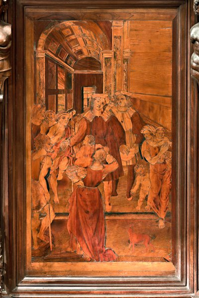 Génova, Duomo (Catedral de São Lourenço), interior, presbiteria, abside, coro, lado norte: "A Caridade de São Lourenço", intarsia de madeira de Gian Michele De