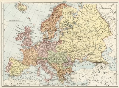 Mapa geográfico da Europa na década de 1870. Litografia a cores do século XIX de Unbekannter Künstler