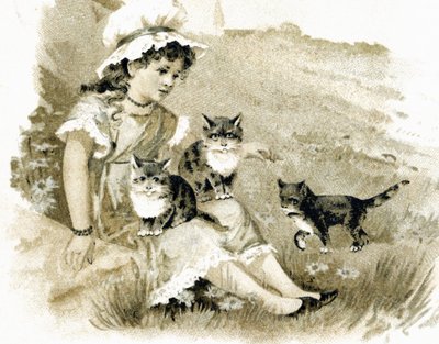 Rapariga a voltar com os gatos de joelhos. Cartão postal por volta de 1900. Cromolitografia de Unbekannt