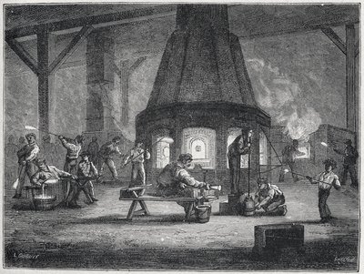 A fabricação de vidro na segunda metade do século XIX: crianças a trabalhar, c. 1880 (gravura) de Unbekannter Künstler